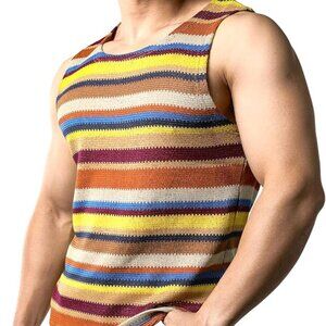 JOGAL Mens Rainbow Striped Sleeveless Shirts Multicolored Casual Tank Tops | L